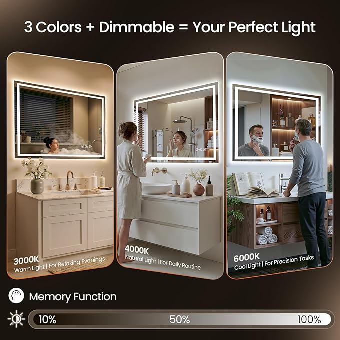 55X36 LED Bathroom Mirror with Lights, Anti-Fog, Backlit + Front Lit, Lighted Bathroom Vanity Mirror for Wall, Memory Function, Dimmable, Tempered Glass, Shatter-Proof