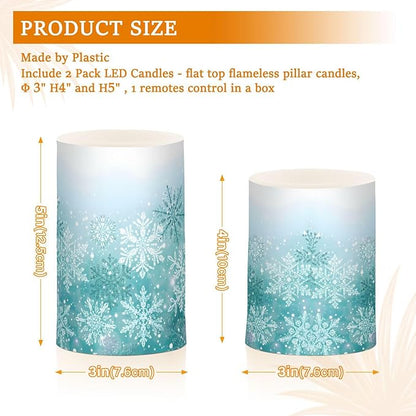 Silver Winter Teal Turquoise Snowflakes Christmas Flickering Flameless Candles Battery Operated with Remote Timer,Tea Light Candles LED Pillar Votive Candles set of 2 for Outdoor Indoor Decorations