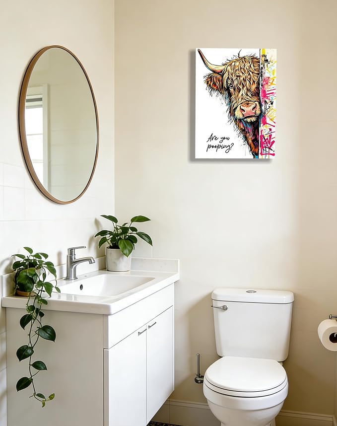 Funny Highland Cow Bathroom Wall Art, Are You Pooping? Graffiti Pop Art Canvas Print, 12x16 Inch Framed Humorous Farmhouse Bathroom Decor, Colorful Cow Picture for Washroom Toilet Powder Room