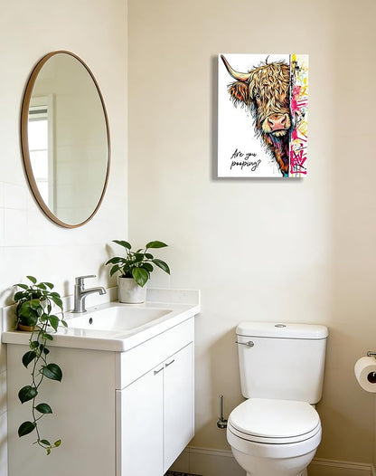 Funny Highland Cow Bathroom Wall Art, Are You Pooping? Graffiti Pop Art Canvas Print, 12x16 Inch Framed Humorous Farmhouse Bathroom Decor, Colorful Cow Picture for Washroom Toilet Powder Room