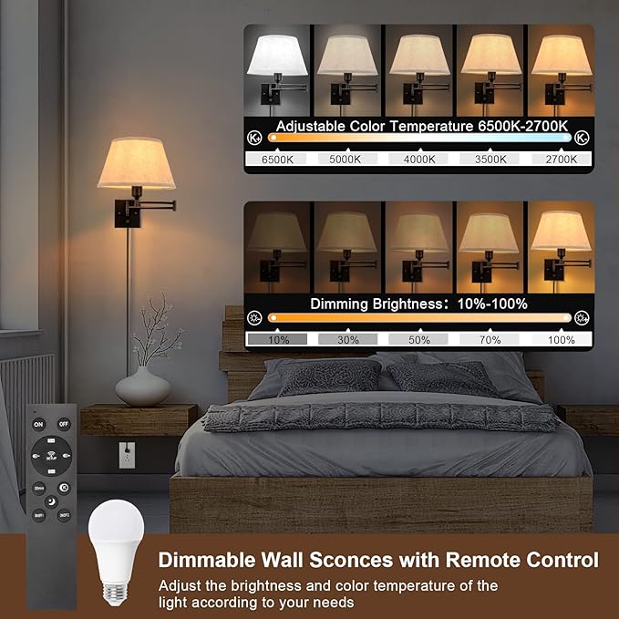 TRLIFE Wall Sconce Plug in, Remote Control Dimming 10-100% and Adjustable Color Temperature 2700K-6500K Swing Arm Wall Lights with Plug in Cord, 11.8" Large Beige Fabric Shade(2 Pack, 2 Bulbs)