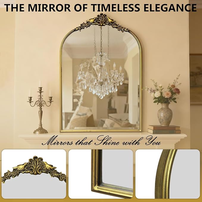 Antique Baroque Vintage Vanity Mirror 36x24Inch, Gold with Ornate Antique Frame, Arched Vintage Wall Mirror for Living Room, Fireplace, Entryway