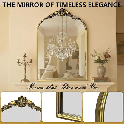 Antique Baroque Vintage Vanity Mirror 36x24Inch, Gold with Ornate Antique Frame, Arched Vintage Wall Mirror for Living Room, Fireplace, Entryway