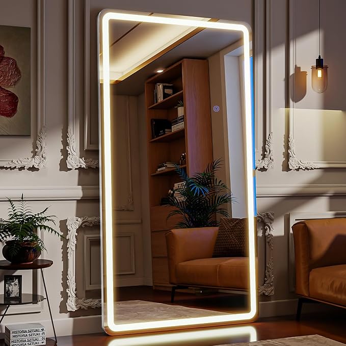 LED Full Length Mirror Floor Mirrors with Dimming &3 Color Lighting 32 x 71 Inch LED Mirrors Full Body with Stand for Bedroom Dressing Room Rect