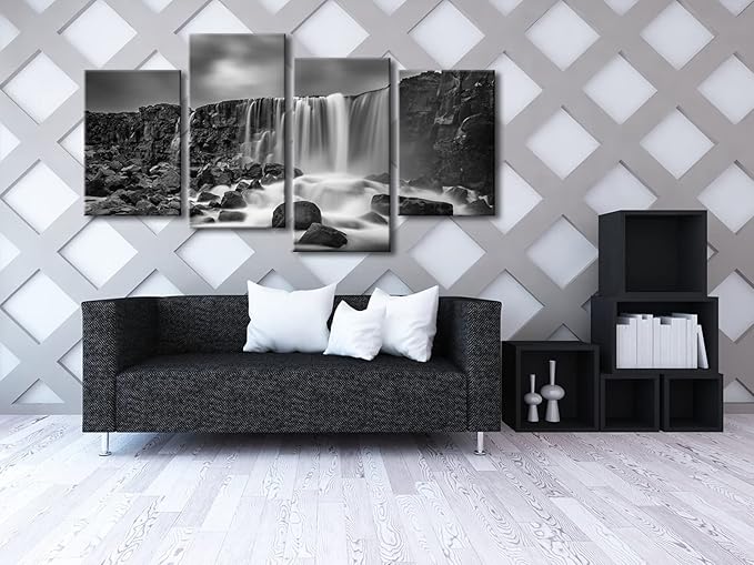 Pyradecor Waterfall Giclee Canvas Prints Wall Art Paintings for Home Decorations - Black and White Rocky Large 4 Piece Modern Gallery Wrapped Grace Seascape Sea Beach Pictures Artwork Ready to Hang L