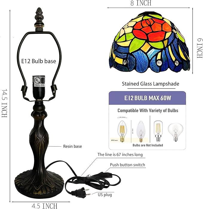 Tiffany Style Lamp Stained Glass Table Lamp 8" x 14.5" Mini Accent Light Pink Red Rose Feather Design Small Decorative Bedside Bedroom Living Room Memory Lamp
