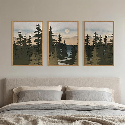 HPNIUB Woodcut Style Mountain Framed Wall Art Set,Vintage Pine Tree Wall Decor,Boho Sunset Nature Art Print,Wilderness Forest Artwork for Living Room, Bedroom,Dining Room,Office-24 x36 x3
