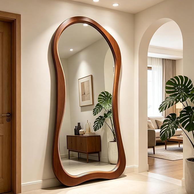 Irregular Full Length Mirror, 71"x33.5" Premium Oversized Organic Floor Mirror with Solid Wood Frame, Asymmetrical Full Body Mirrors for Living Room Entryway Cloakroom, Leaning/Hanging