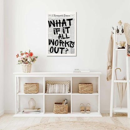 Drimiler Retro Black And White Newspaper Poster What If It All Works Out Canvas Wall Art Positive Affirming Quote Minimalist Prints Painting For Home Bedroom Dorm Wall Decor 12x18in Wframed