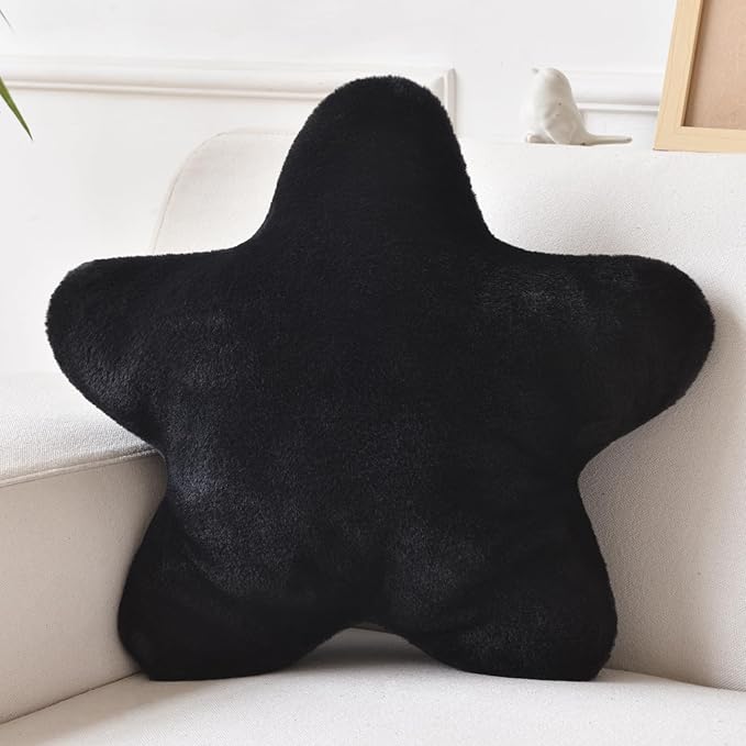 Star Pillow, Decorative Throw Pillows for Bed Couch, 15" Star Shaped Pillow Plush Floor Cushions Room Decor Pillow with Faux Rabbit Fur for Sofa Bedroom Living Room (Black, 19.6" x 19.6")