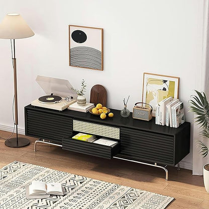TV Stand TV Stand, Modern Entertainment Center, TV-Console with Cable Hole, Wood TV Cabinet, No Assembly Required, TV Tables with Storage, for Living Room, Bedroom(Black,Wood Leg)