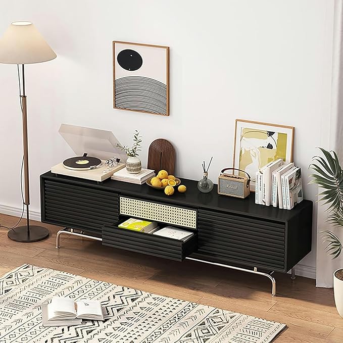 TV Stand Wood TV Stand, TV-Console, with Rattan Lower-Flap Door, Entertainment Center, with Cable Hole, Already Assembled TV Cabinet, TV Tables with Storage, for Living Room(Natural,Wood Leg)