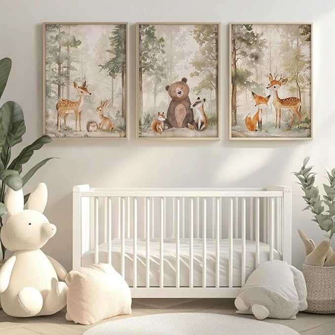 Tocliky Woodland Nursery Wall Art Decor Animal Forest Canvas Prints Baby Boy Room Wall Decor Bear Nursery Nature Pictures Deer Prints Artwork for Boy Girl Kids Bedroom 12x16 Inch Unframed Set of 3