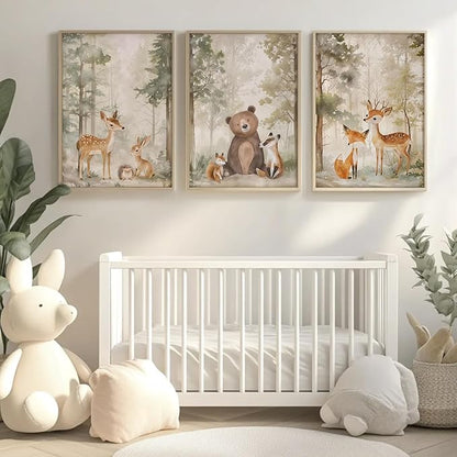 Tocliky Woodland Nursery Wall Art Decor Animal Forest Canvas Prints Baby Boy Room Wall Decor Bear Nursery Nature Pictures Deer Prints Artwork for Boy Girl Kids Bedroom 12x16 Inch Unframed Set of 3