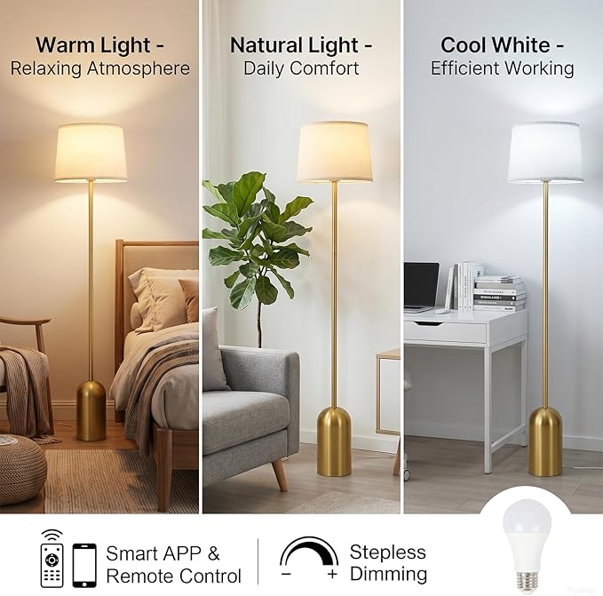 Gold Floor Lamps for Living Room, Dimmable Standing Lamp with Remote and Bulb, Modern Brass Tall Lamp with Heavy Metal Base, 3 Color Temperatures, Vintage Stand Up Light for Bedroom Reading Corner