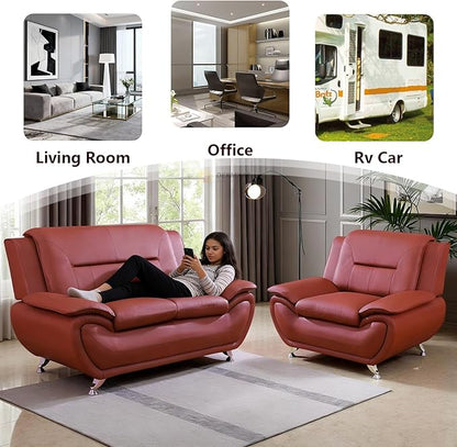 Living Room Furniture Sets, 2-Piece Red Faux Leather Loveseat and Chair, Living Room Sofa Set, Sofa Couches for Office, Bedroom, Apartment