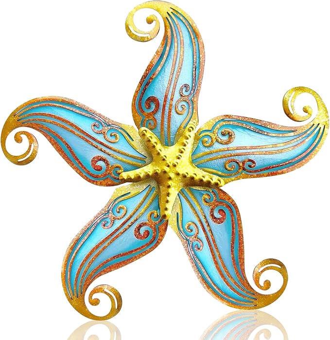 Starfish Outdoor Wall Decor, 12" Hanging Metal & Glass Sculpture for Indoor and Outdoor, Coastal Beach Ocean Gift for Garden Fence Patio(Blue)