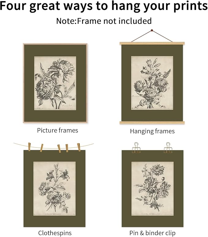 Vintage Floral Wall Art Sketch Flower Prints Antique Botanical Canvas Wall Art Decor Vintage Etchings Floral Poster Green Botanical Painting Sage Green Artwork for Bedroom 8x10x6 Inch Unframed