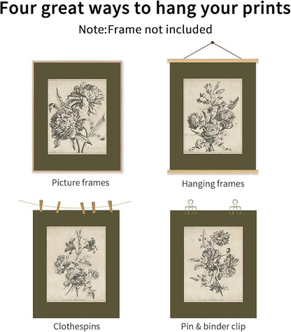 Vintage Floral Wall Art Sketch Flower Prints Antique Botanical Canvas Wall Art Decor Vintage Etchings Floral Poster Green Botanical Painting Sage Green Artwork for Bedroom 8x10x6 Inch Unframed