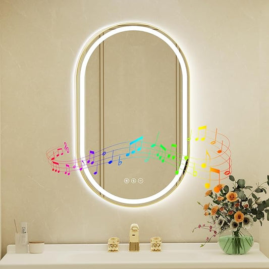 24x40 Inch Oval Gold Framed LED Bathroom Mirror with Lights, Built-in Bluetooth Speaker,Tempered Glass,Dimmable Lighted Bathroom Vanity Mirror with 3 Colors, Backlit + Frontlit, Memory, Anti-Fog