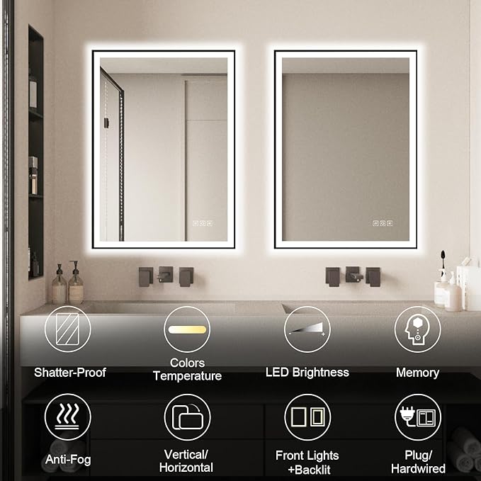 18 * 24 inches Rectangular Aluminum Black Framed LED Mirror, Smart Bathroom Mirror with Lights, Anti-Fog, Tempered Glass, 3 Colors Dimmable, Front and Backlit, Wall Mounted, Memory