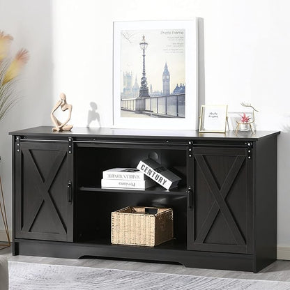 4 EVER WINNER 59" Farmhouse TV Stand, TV Entertainment Center with Sliding Barn Door & Adjustable Shelf for 65" TV, TV Stand for Living Room, Bedroom, Dark Brown