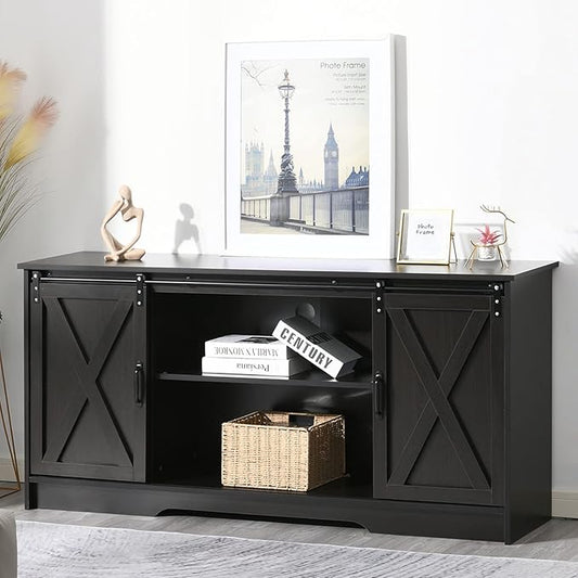 4 EVER WINNER 59" Farmhouse TV Stand, TV Entertainment Center with Sliding Barn Door & Adjustable Shelf for 65" TV, TV Stand for Living Room, Bedroom, Dark Brown
