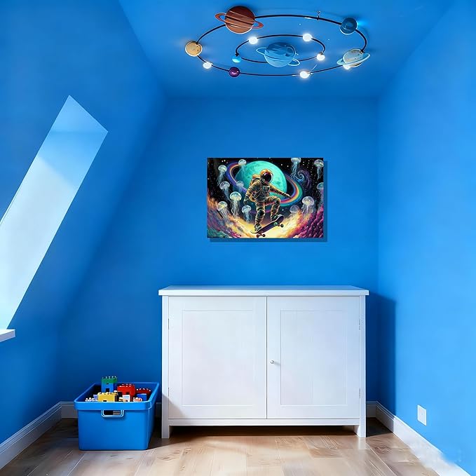12x16 Framed Space Astronaut Skateboard Canvas Wall Art Colorful Galaxy Print with Jellyfish Rainbow Cosmic Teen Boys Room Fantasy Decor Kid Bedroom Funny Earth Poster Child Study Room Office Picture