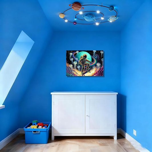 12x16 Framed Space Astronaut Skateboard Canvas Wall Art Colorful Galaxy Print with Jellyfish Rainbow Cosmic Teen Boys Room Fantasy Decor Kid Bedroom Funny Earth Poster Child Study Room Office Picture