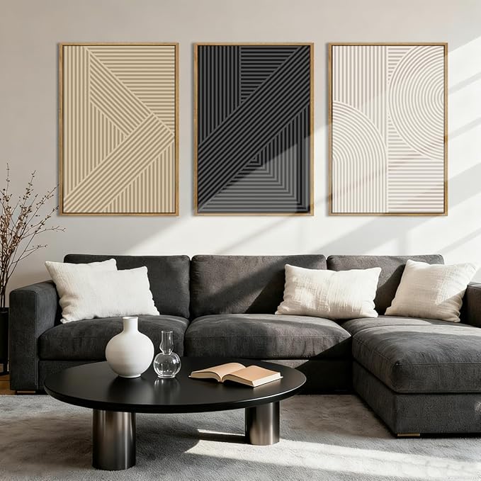 BINCUE Neutral Abstract Wall Art Mid Century Modern Wall Paintings Boho Artwork Geometric Wall Pictures Abstract Black Wall Decor Modern Neutral Art Prints for Living Room Bedroom Bathroom Office 16x24 Inch Set of 3