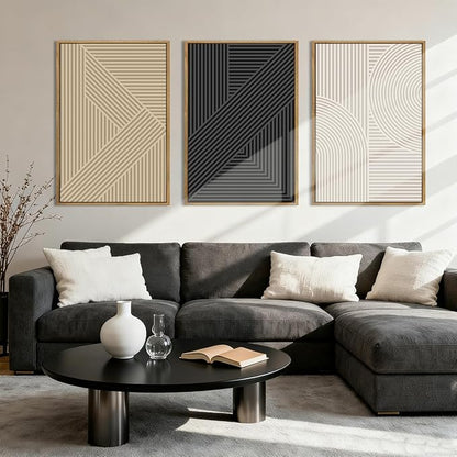 BINCUE Neutral Abstract Wall Art Mid Century Modern Wall Paintings Boho Artwork Geometric Wall Pictures Abstract Black Wall Decor Modern Neutral Art Prints for Living Room Bedroom Bathroom Office 16x24 Inch Set of 3