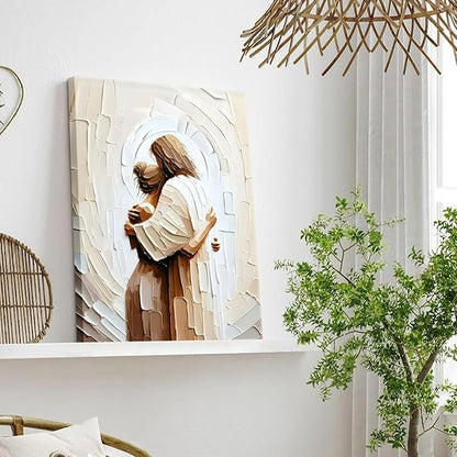 Jesus Hugging Woman Canvas Wall Art God & Girl Wall Decor Safe in His Arms Pictures Modern Christian Healing Embrace Mormon Prints Posters Artwork for Living & Prayer Room Bedroom Decor 24x36in canvas