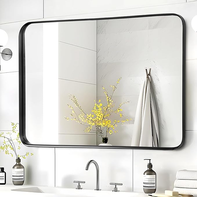Black Mirror for Bathroom Wall - 40x30 Inch Large Reactangular Metal Framed Mirror Over Sink, Matte Frame Big Rectangle Mirror Vanity for Restroom, Entryway, Living Room, Fireplace