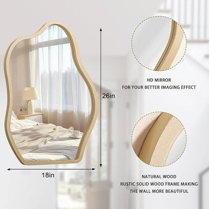 Irregular Mirror for Wall Gold Modern Asymmetrical Large Mirror Wooden Framed Hanging Wall Mirror Unique Shape Vanity Cloud Mirror Decor Decorative for Bedroom Bathroom Living Room Entryway