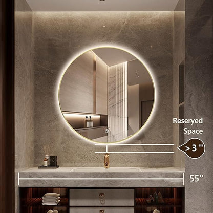 40" Round LED Bathroom Mirror, Wall Mounted Round Backlit Mirror LED Bathroom Vanity Mirror with Light Fog Free Circle Lighted Mirror with Shiny Gold Frame, Smart Light up Mirror 3-Color
