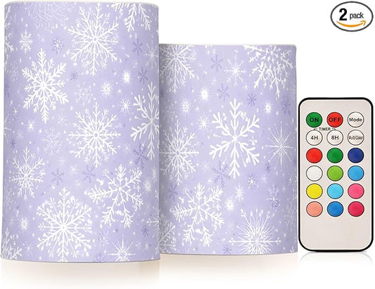 ALAZA Gray White Winter Snowflakes Christmas Flickering Flameless Candles Battery Operated with Remote Timer,Tea Light Candles LED Pillar Votive Candles Set of 2 for Outdoor Indoor Decorations