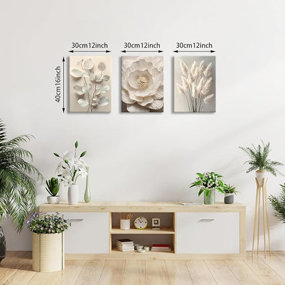 3Pcs Beige Floral Botanical Frame Canvas Wall Art, Neutral Textured Flower Plant Wall Painting Picture Wall Decor Vintage Blossom Posters Prints for Bedroom Living Room Reay to Hang 12"x16"x3Pcs