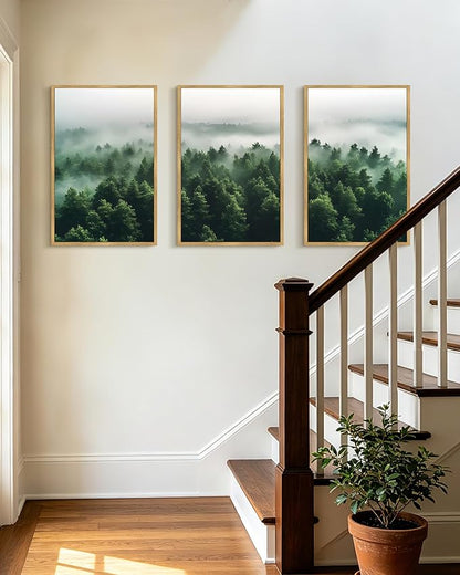 PHOPAGO Green Fog Pine Tree Framed Wall Art Large 16x24in Nature Misty Nordic Forests Artwork Morden Paints Bedroom Living Room Home Decor - Natural Framed