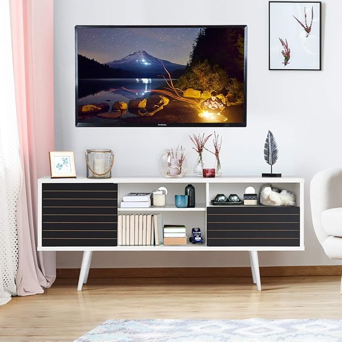 Tangkula Mid-Century Modern TV Stand for TVs up to 70 Inch, Wooden TV Console Table with Storage Shelves, Cabinet and Drawer, TV Storage Cabinet Entertainment Center for Living Room (White & Black)