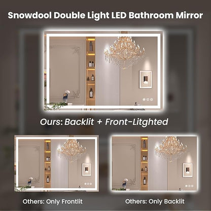 Snowdool 40"X36" LED Bathroom Mirror with Front Lights and Backlit, Anti-Fog, Dimmable, Shatter-Proof Tempered Glass, Lighted Bathroom Vanity Mirror for Wall with 3 Colors, Memory Function