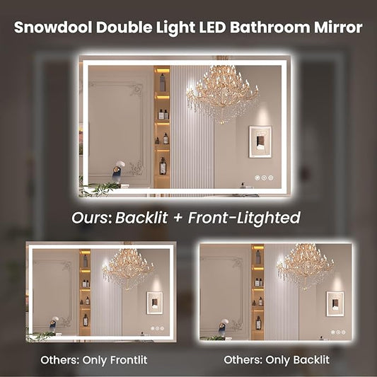 Snowdool 40"X36" LED Bathroom Mirror with Front Lights and Backlit, Anti-Fog, Dimmable, Shatter-Proof Tempered Glass, Lighted Bathroom Vanity Mirror for Wall with 3 Colors, Memory Function