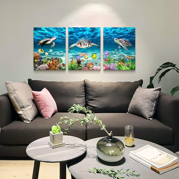 AHUASJART Canvas Wall Art for Living Room Large Size Wall decor for Bedroom Modern Bathroom Wall Decoration blue Ocean Painting Sea Turtle Pictures Ready to Hang Office Artwork 20" x 28" 3 Piece