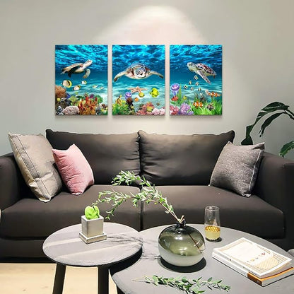 AHUASJART Canvas Wall Art for Living Room Large Size Wall decor for Bedroom Modern Bathroom Wall Decoration blue Ocean Painting Sea Turtle Pictures Ready to Hang Office Artwork 20" x 28" 3 Piece