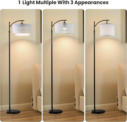 Yusist Arc Floor Lamp for Living Room,Farmhouse Floor Lamps with Remote Control & Dimmable Bulb,White Rattan Boho Tall Standing Lamp for Bedroom Office