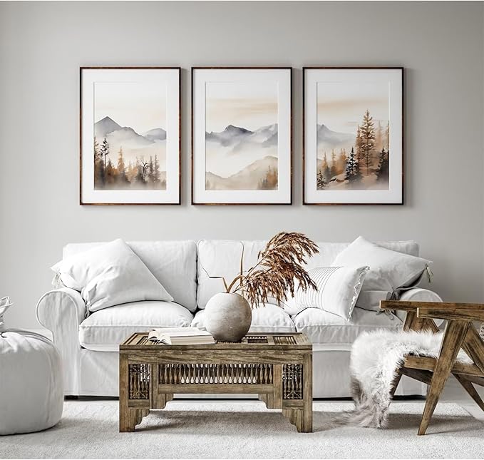 Neutral Mountain Wall Art Decor Set of 3 Forest Canvas Wall Art Poster Landscape Wall Art Artwork Modern Pictures Abstract Painting Watercolor Prints for Living Room Bedroom 12x16 Inch Unframed