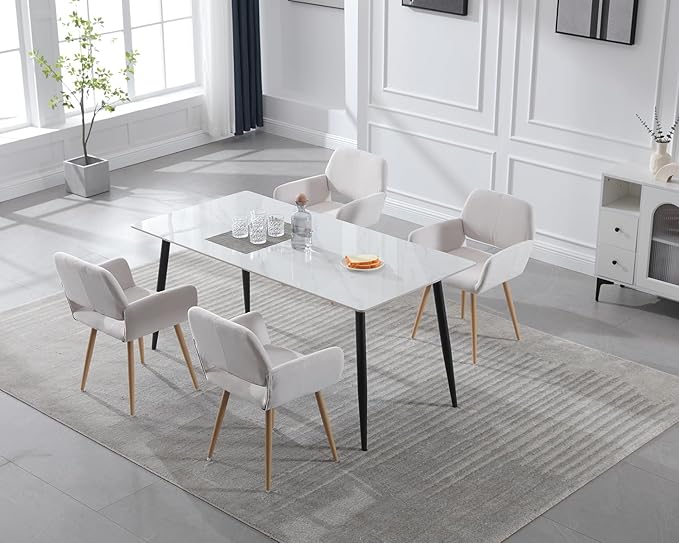 KCC Small Modern Dining Room Arm Chairs Set of 4, Mid-Century Upholstered Velvet Side Seat Club Guest with Metal Tube Legs for Kitchen, Living Room, Beige