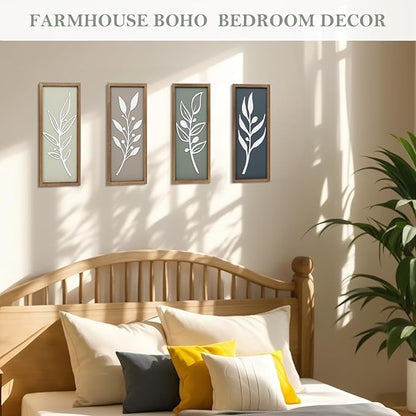 3D Tree Leaf Wooden Framed Boho Wall Art (Set of 4) Lightweight, Minimalist Botanical Farmhouse Bathroom Wall Decor For Living Room Bedroom Kitchen Office Hallway Decorations