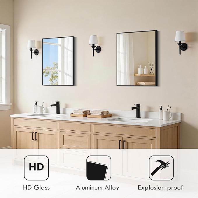 DESBING Black Bathroom Mirror 2 Pack 18x24 Inch, Shatter-Resistant Wall Mirror with Durable Frame, Modern Decor for Entryway/Bathroom/Living Room – Horizontal/Vertical
