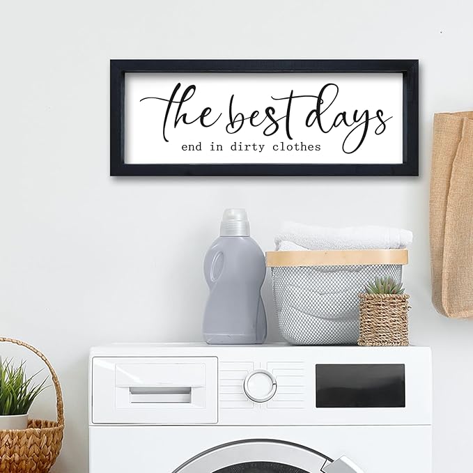 Laundry Room Wall Decor 16"×6" The Best Days End In Dirtiest Clothes Sign Funny Modren Bathroom Large Plaque Wood Framed Wall Hanging Art (Black)