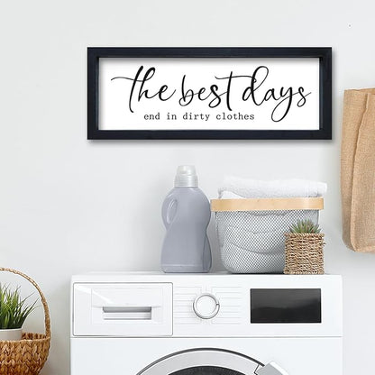 Laundry Room Wall Decor 16"×6" The Best Days End In Dirtiest Clothes Sign Funny Modren Bathroom Large Plaque Wood Framed Wall Hanging Art (Black)
